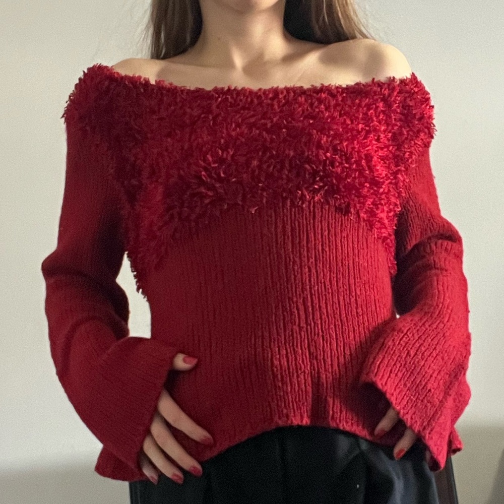 Off The Shoulder y2k Red sweater with fuzzy trimming long sleeve